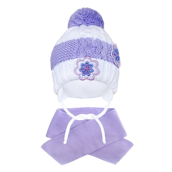 Winter baby hat with scarf New Baby flowers purple, size 104 (3-4y)