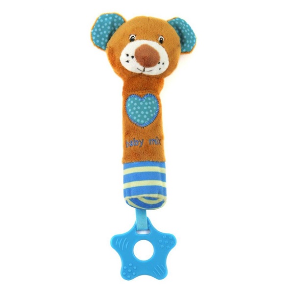 Baby Mix Teddy Bear Blue Whistling Plush Toy with Teether