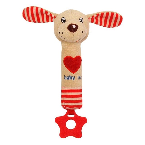 Baby Mix dog red squeaky plush toy with teether