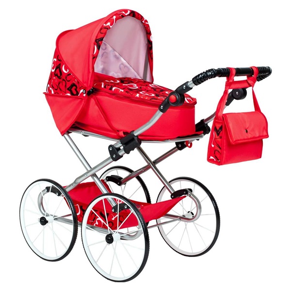 Baby Retro Stroller for dolls 2in1 New Baby Elen red with hearts