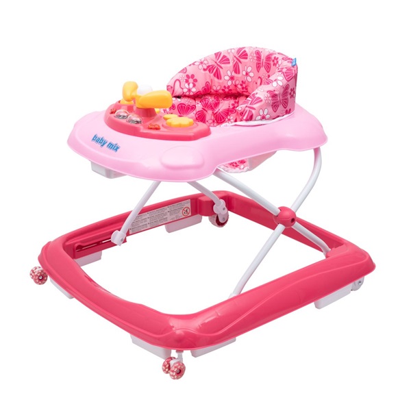 Baby Mix baby walker with steering wheel and silicone wheels pink