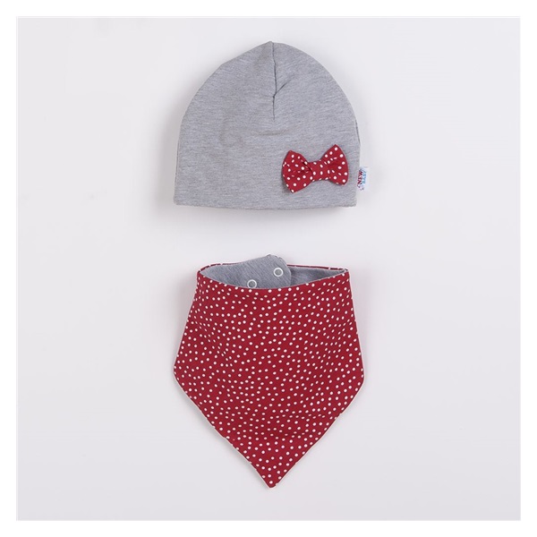 Baby cap with neck scarf New Baby Missy grey-red, size 86 (12-18m)