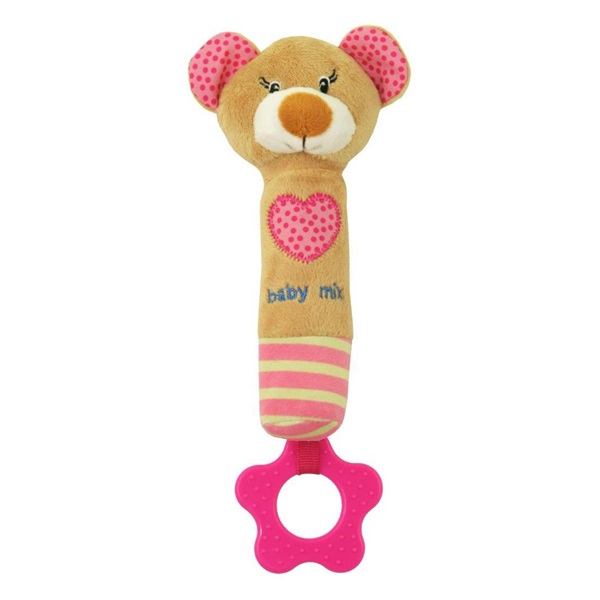 Baby Mix Pink Teddy Bear Whistling Plush Toy with Teether