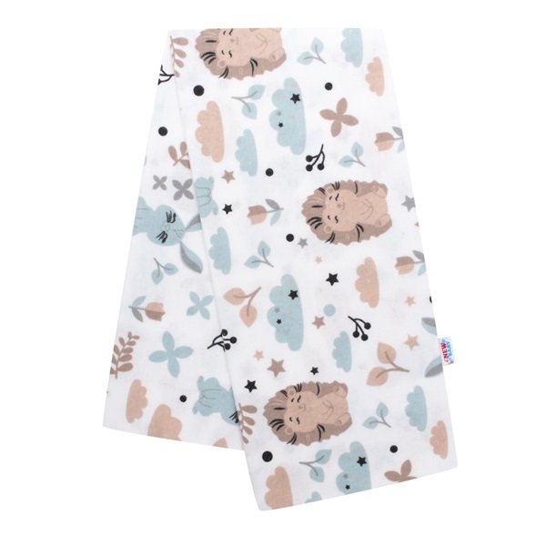 Flannel nappy with New Baby white hedgehog and rabbit print