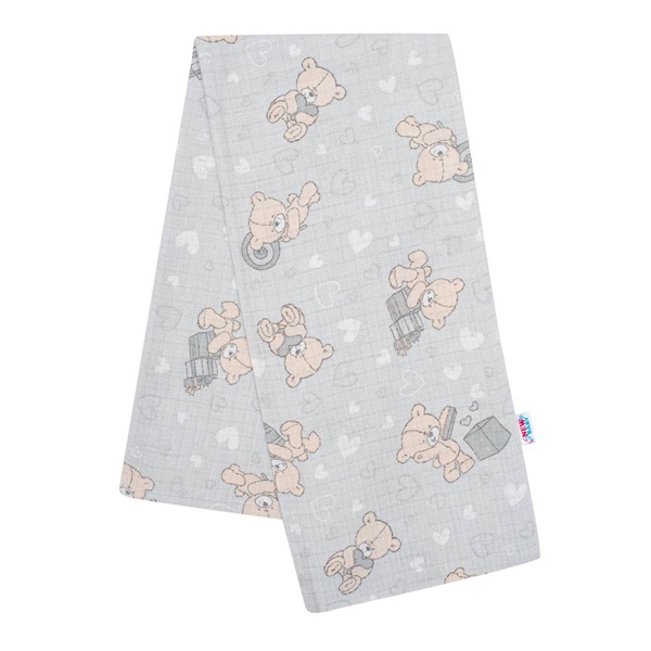 Cotton nappy with New Baby grey teddy bear and heart print