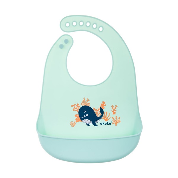 Adjustable baby silicone bib with pocket Akuku whale mint