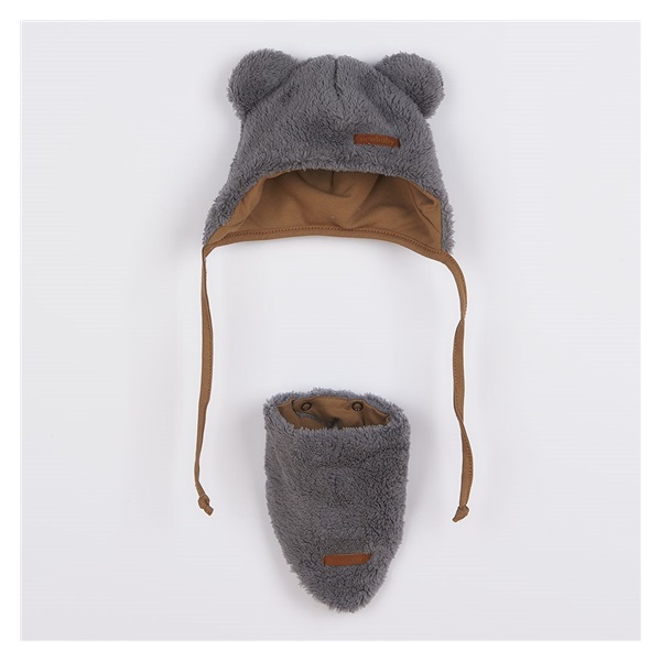 Winter baby hat with neck scarf New Baby Teddy bear grey, size 62 (3-6m)