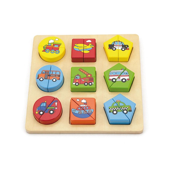 Wooden insertion puzzle shapes with cars Viga