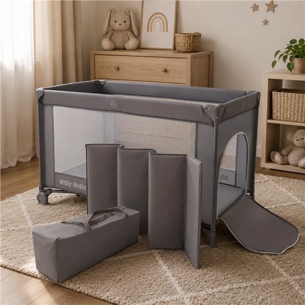 Milly Mally Mirage grey travel cot in a portable bag