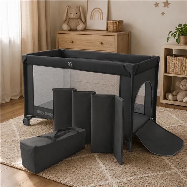 Milly Mally Mirage dark grey travel cot in a portable bag